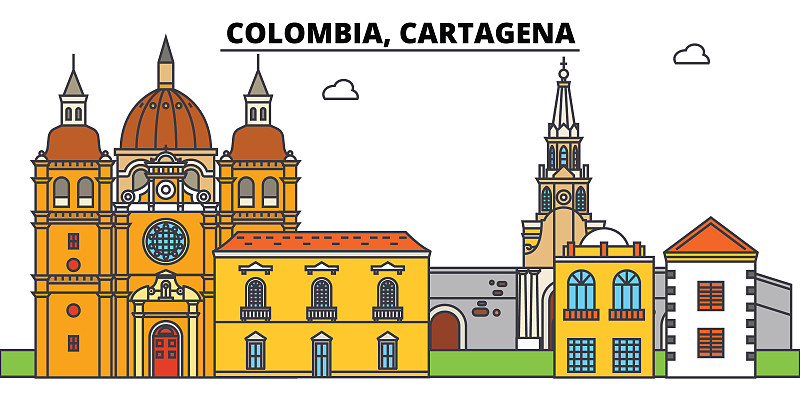 绘画插图,符号,卡塔赫纳,著名景点,街道,矢量,哥伦比亚,地形,建筑,全景