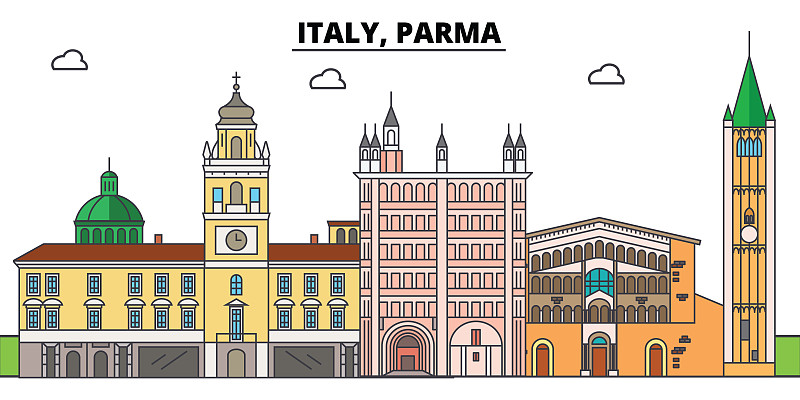 绘画插图,著名景点,街道,矢量,地形,建筑,城市天际线,意大利,帕尔马,符号