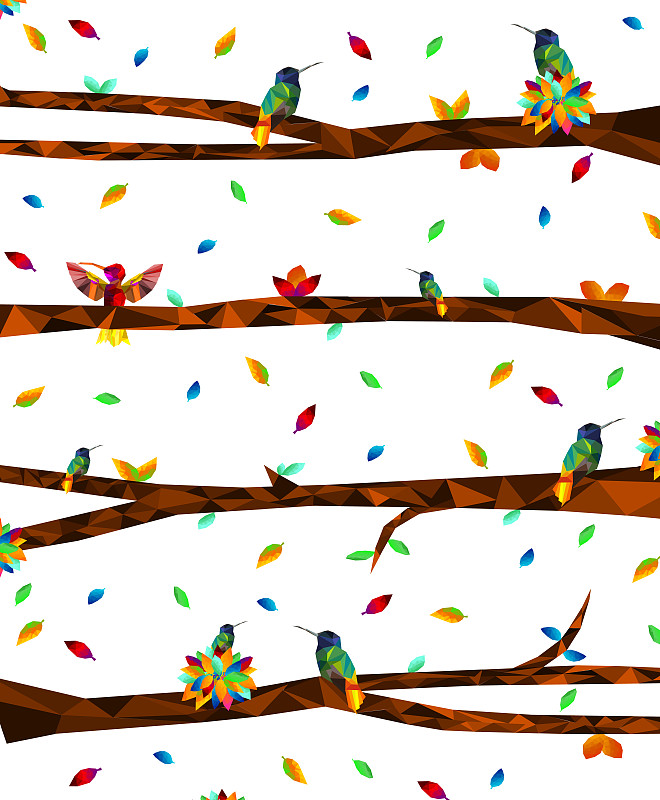 鸟类,几何形状,蜂鸟,叶子,低多边形效果,,矢量,动物,枝,多色的,树