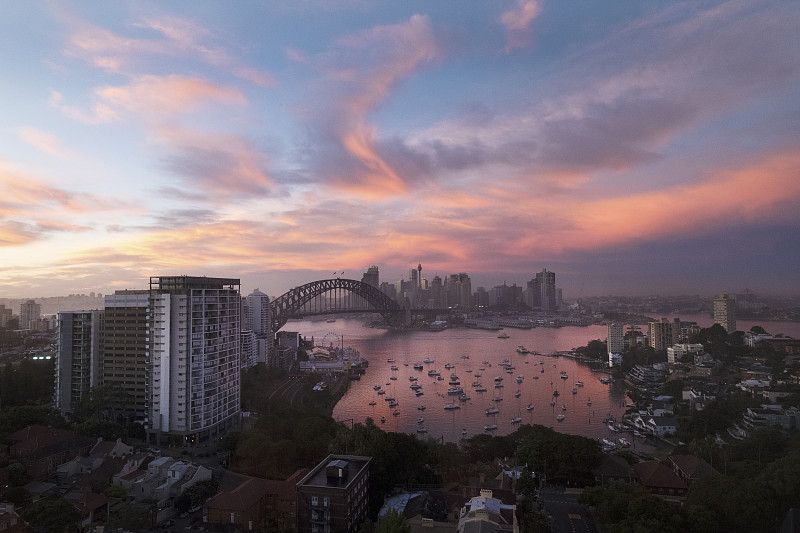 黎明,悉尼港湾,在上面,水平画幅,高视角,无人,圆形码头,悉尼港桥,户外,城市