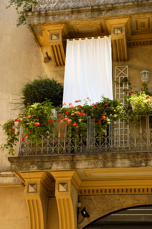 普罗旺斯,法国,阳台,垂直画幅,檐口,纺织品,无人,古老的,夏天,居住区